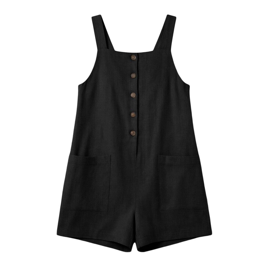 Womens Linen Sleeveless Romper Button Front Loose Fit Wide Strap Casual Beach Vacation Jumpsuit with Pockets