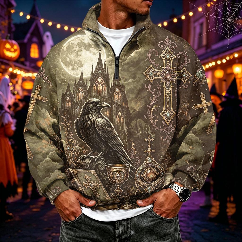Men's Casual Flannel 1/4 Zip Long Sleeve Sweatshirt with Halloween Print