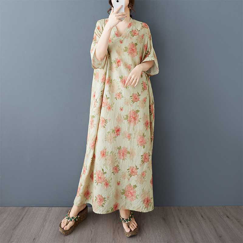 Summer Vacation Style V-neck Retro Cotton and Linen Dress