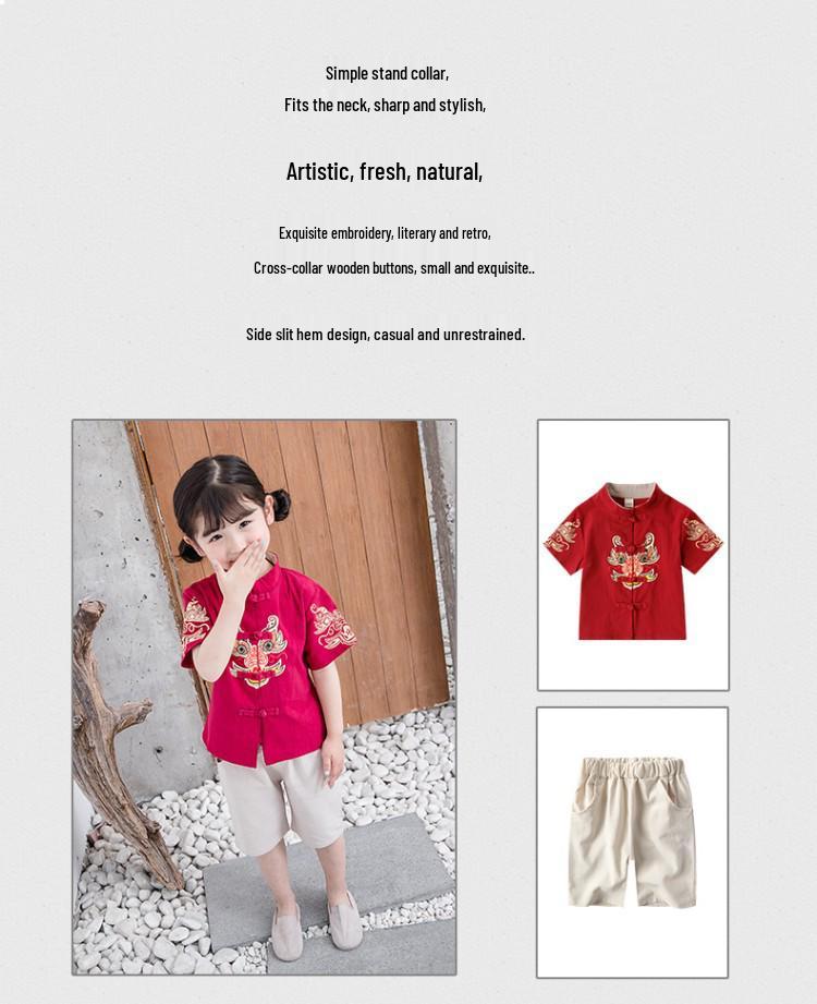 Kinder Baumwoll-Leinen Hanfu Set: Kurzarm & Shorts, Tang-Anzug Antikes Kostüm für Jungen & Mädchen - Zweiteiliges Performance-Outfit