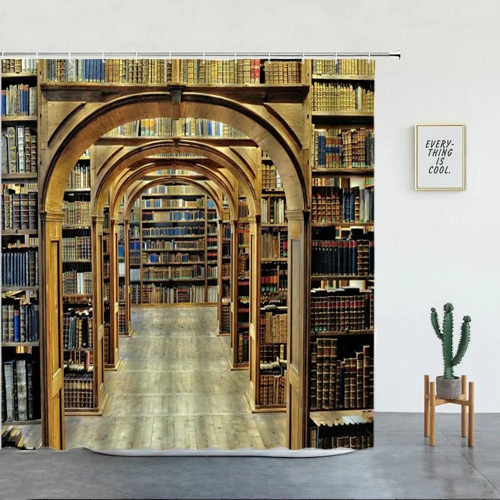 Retro Style Library Bookshelf Bookstore Print Shower Curtain Set Wall Hanging Background Tapestry Bathroom Decor Bathtub Screen