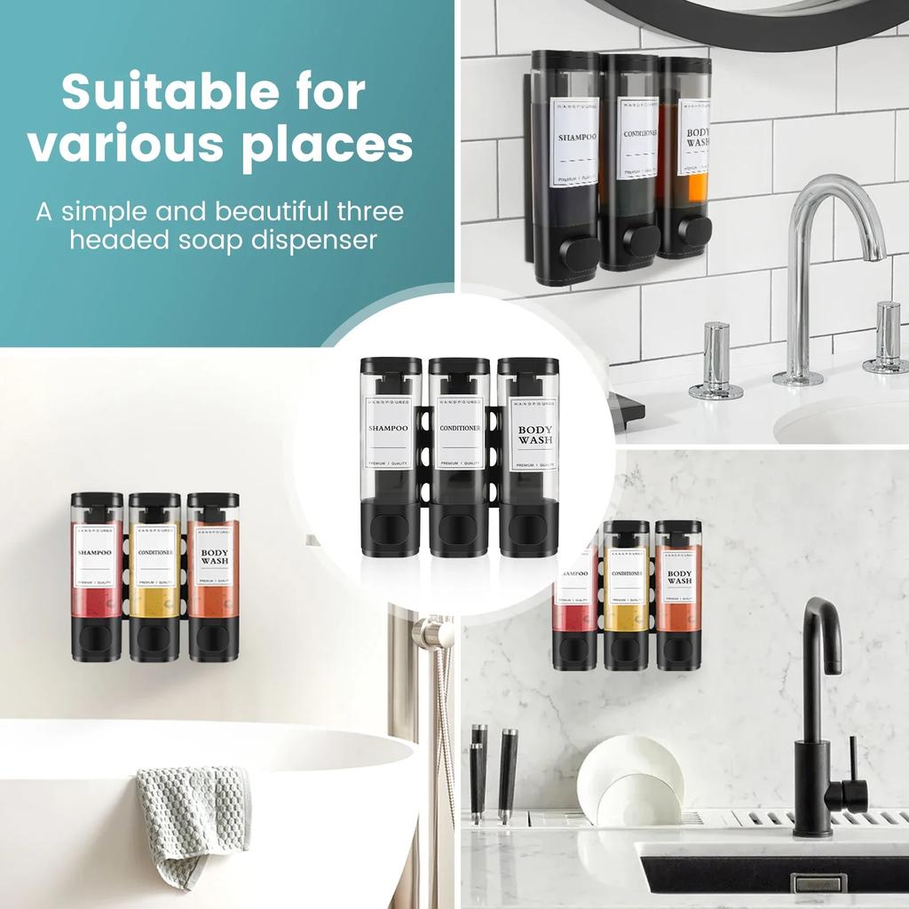 Wall Mounted Bathroom Liquid Soap Dispenser Three Head Hand Sanitizer Holder Wall Mount Soap Shampoo Gel Shower Liquid Container