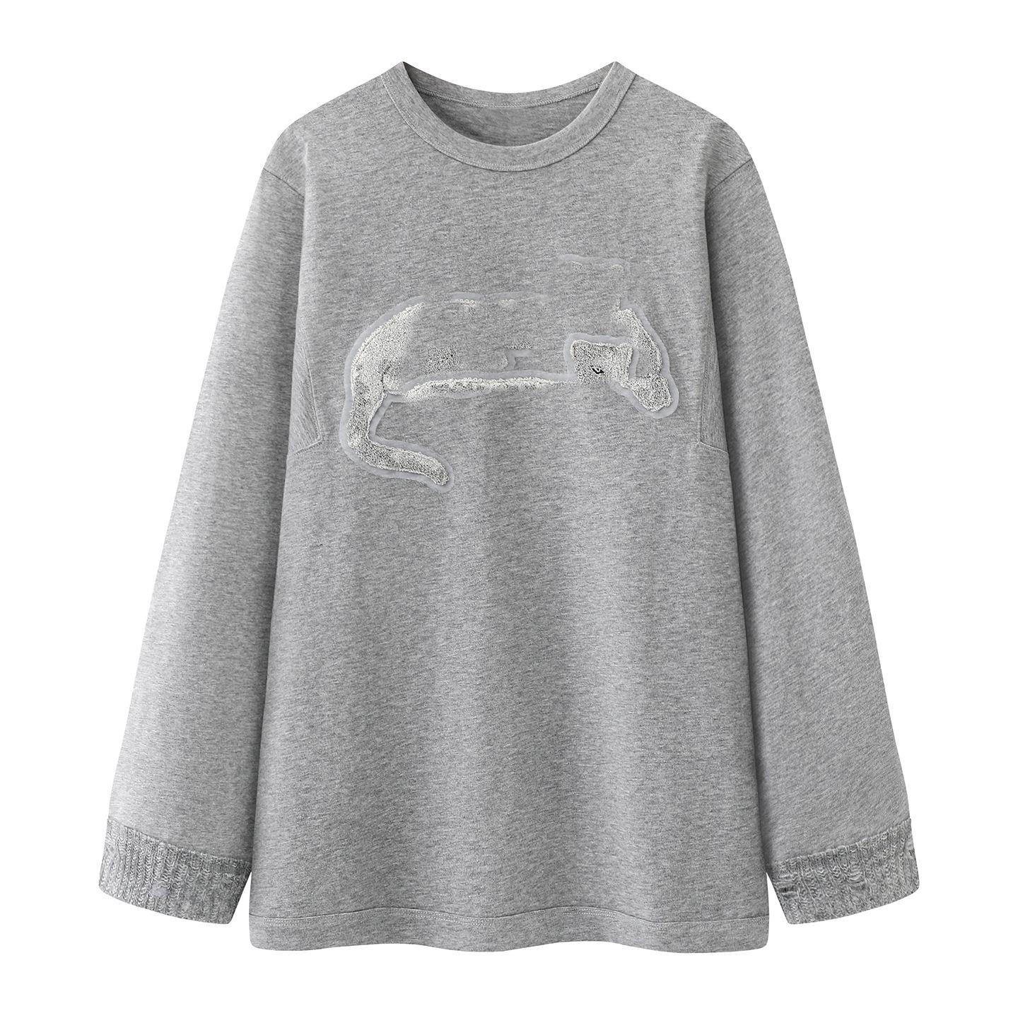Winter 2025 Women’s Casual Loose Cartoon Flock Long Sleeve T-shirt Medium серый