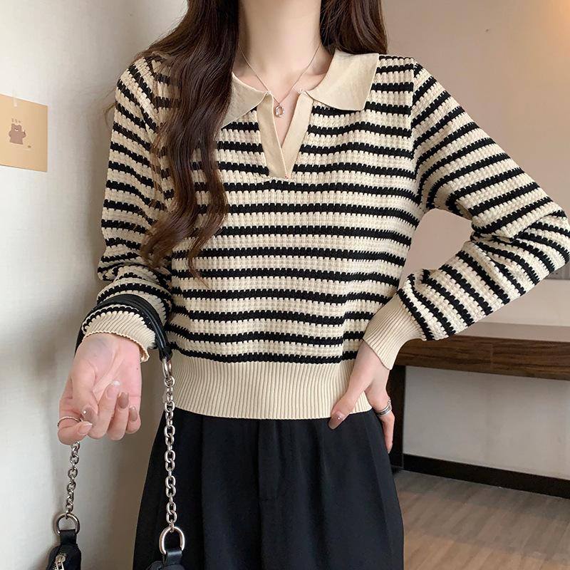 Core-spun yarn, lapel striped contrasting sweater women s autumn and winter short warm casual lazy knitted sweater One size