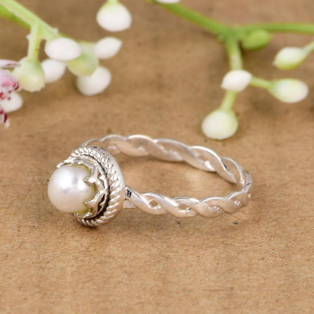 Natural Pearl Twisted Silver Ring | Minimalist Dainty Pearl Ring | Handmade Elegant Jewelry Gift for Her | Gift for her.