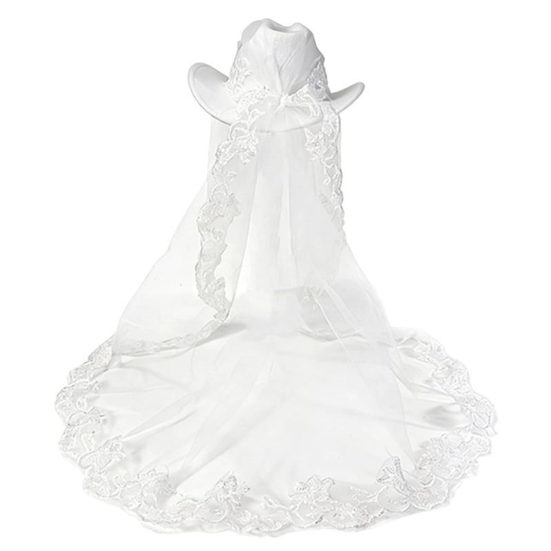 Elegant White Veil Cowboy Cap Wool Cosplay Hat for Western Theme Weddings and Outdoor Celebration Gathering Wear