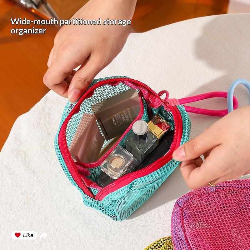 Candy Color Square Mesh Cosmetic Organization Storage Bag With Zipper Portable Sundries Pouch For Travel With Rope 1Pc