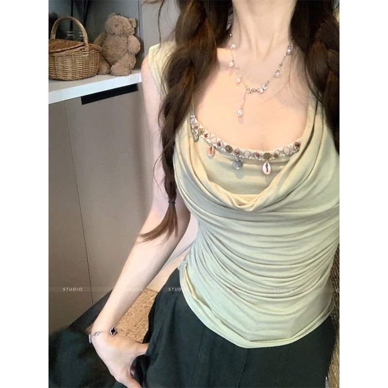 Kumikumi French style Elegant Swing Collar Pleat Sleeveless T-shirt Women clothes Summer Age-Reducing Chic Slim fit Slimming Top