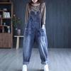 Large Size Denim Jumpsuits Women Spring  Autumn Korean Loose Harem Pants Retro Casual  Pocket Wide Leg Jeans