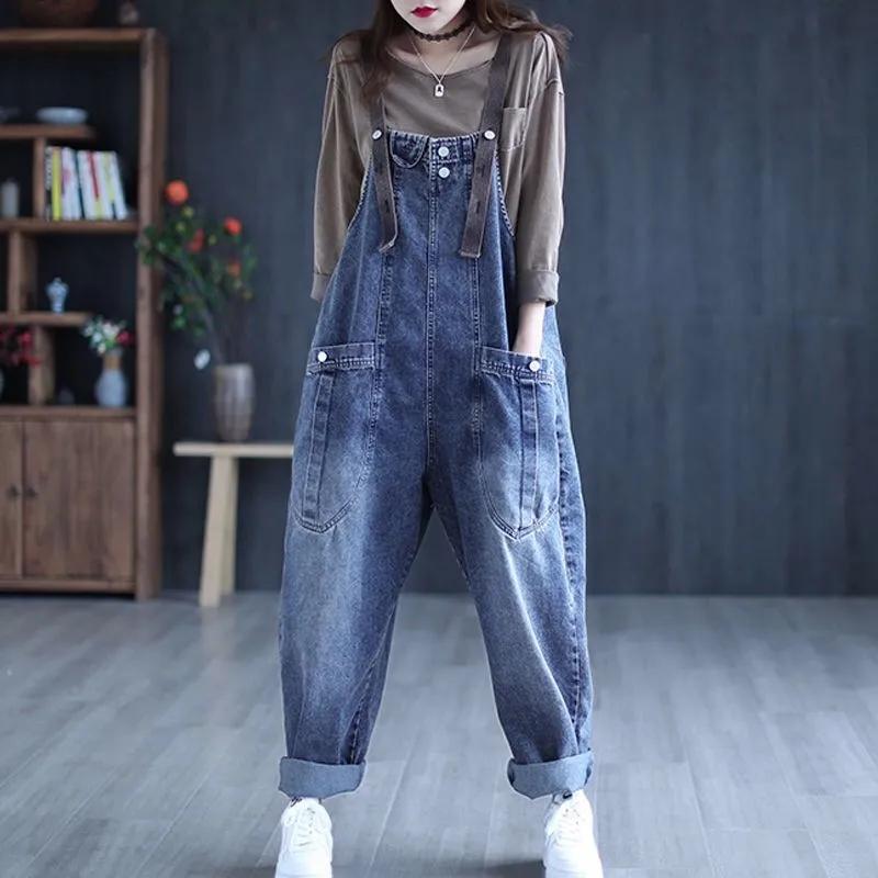 Large Size Denim Jumpsuits Women Spring Autumn Korean Loose Harem Pants Retro Casual Pocket Wide Leg Jeans
