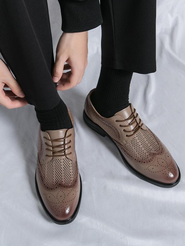 Men's Cross-Border Lace-Up Leather Loafers - Hollowed-Out Brogues for Business Casual Wear