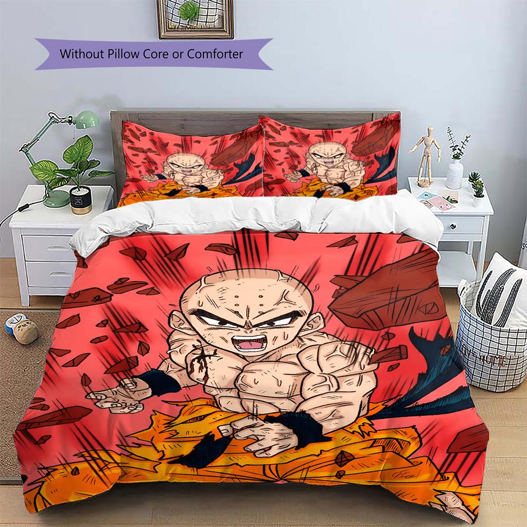 Dragon Ball Krillin Muster Bettwäsche Heimdekoration Geburtstagsgeschenk (1 Bettbezug + 2 Kissenbezüge, ohne Füllung)