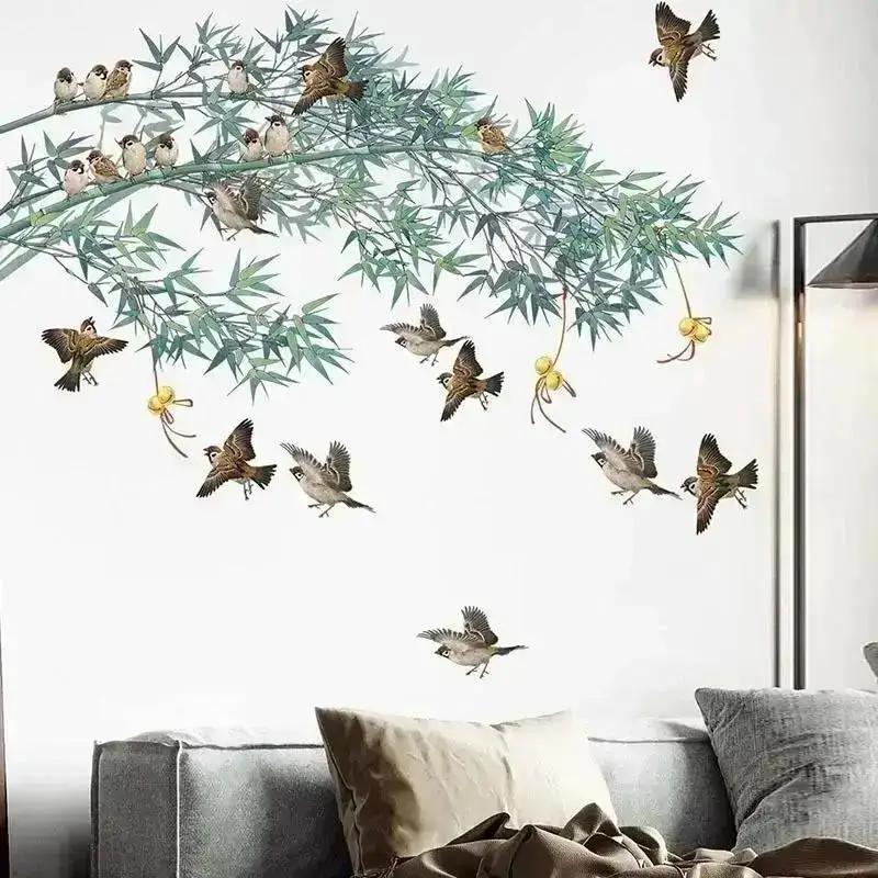 New Chinese Ink Painting Bamboo Birds Wall Stickers For Living Room Bedroom Sofa Background Decor Vinyl Wall Decals Home Decor