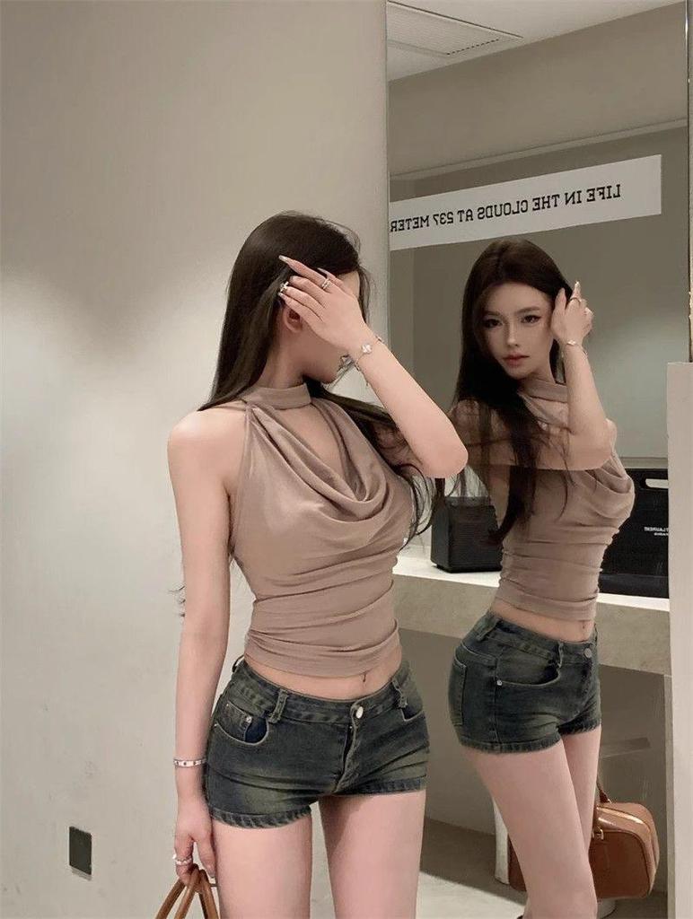 Khaki Backless Cowl Neck Halter Tank Top - Women's Summer Sleeveless Top