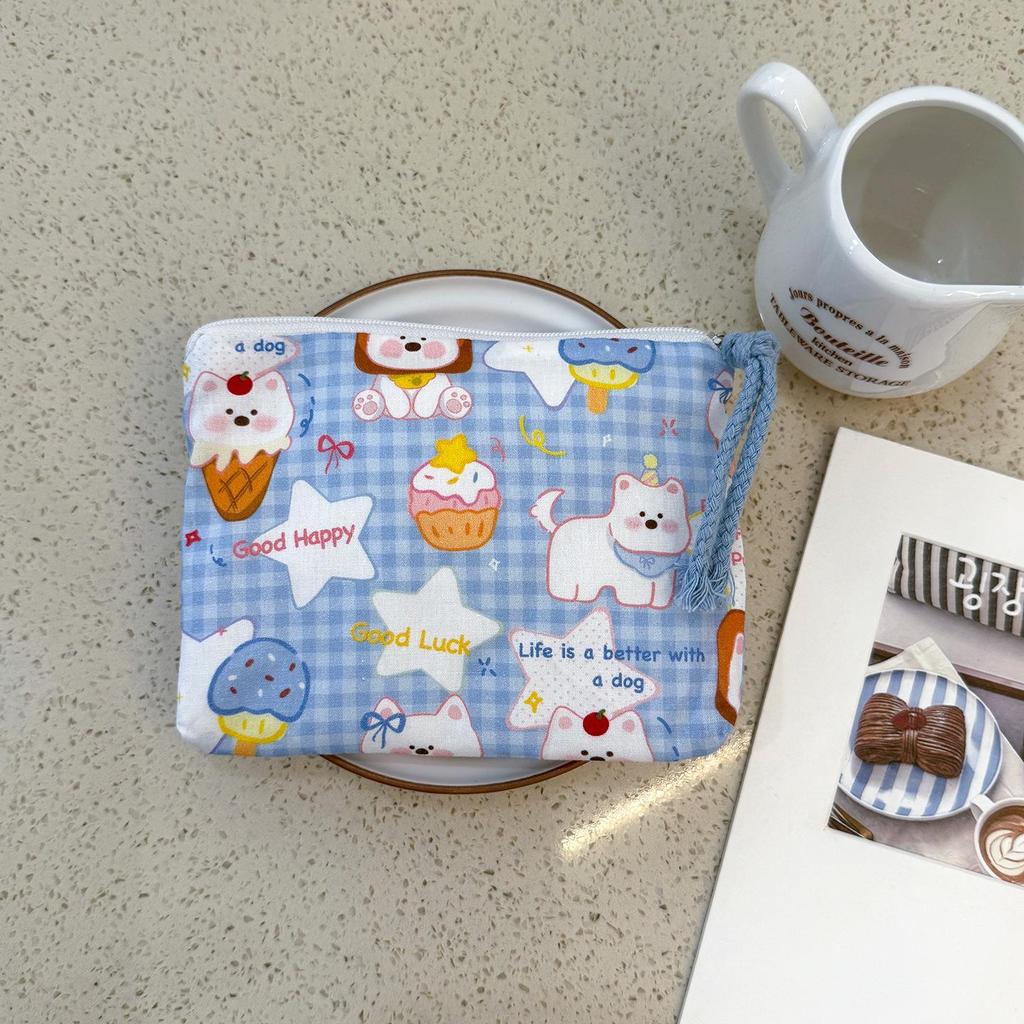 Adorable Blue Cartoon Makeup Bag: Mini Pure Cotton Coin and Earphone Pouch, Lipstick Carrier, Portable Storage.