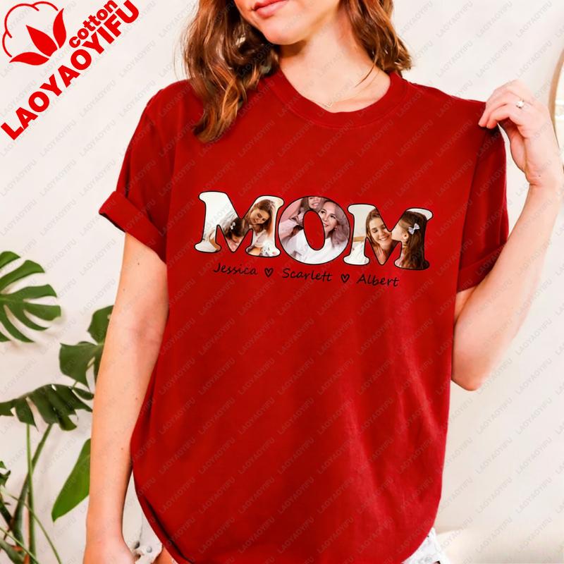 with Kids Names Unique Happy Mothers Day Gift for Family Tee Custom Photo Simple Letters Graphic Tshirts Regular Short Sleeve