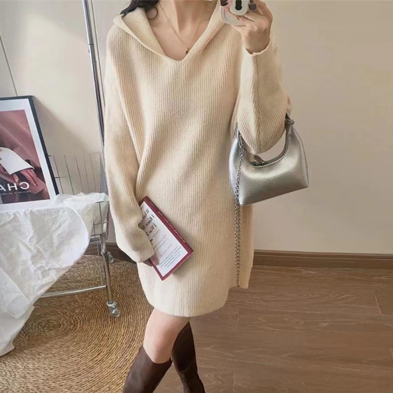 Temperament Medium and Long Hooded Knitted Sweater Top Women's Autumn and Winter New Loose and Thin Solid Color Pullover Sweater Women