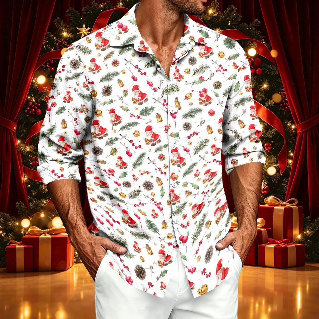 Men's Casual Long Sleeve Shirt with Christmas Print for Spring and Fall