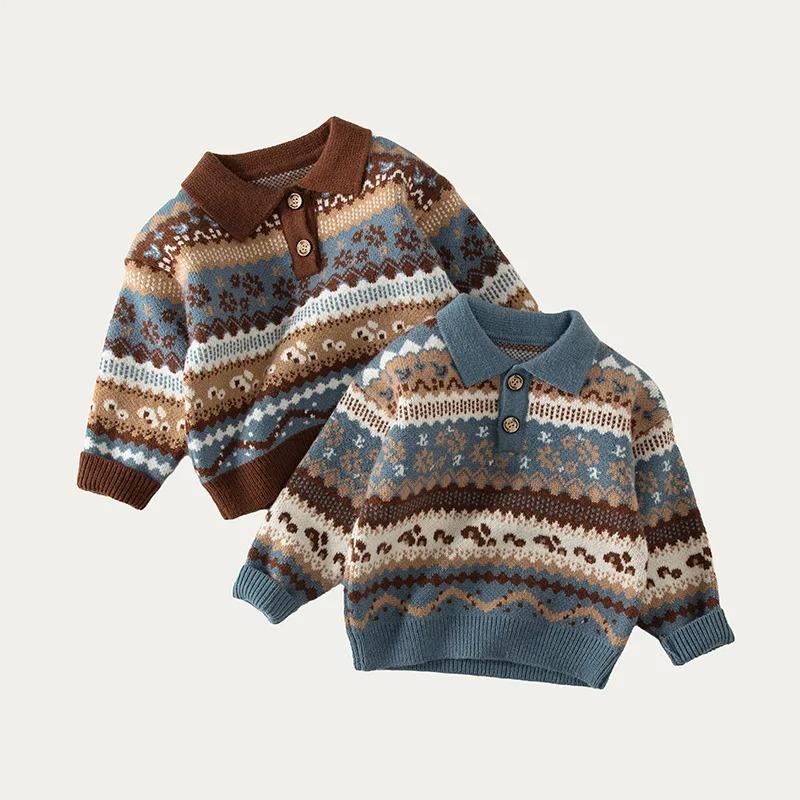 

Винтажный свободный вязаный свитер с принтом для мальчиков, осенне-зимний теплый теплый повседневный пуловер с отложным воротником, детская одежда для детей 6, 7, 8, 9 лет