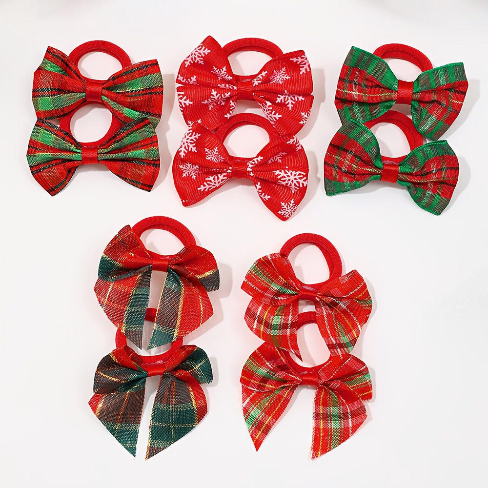 

10pcs Christmas Bow Hair Ties - Festive Plaid, Snowflake & Striped Designs, Soft Polyester Hair Accessories for Holiday Parties,