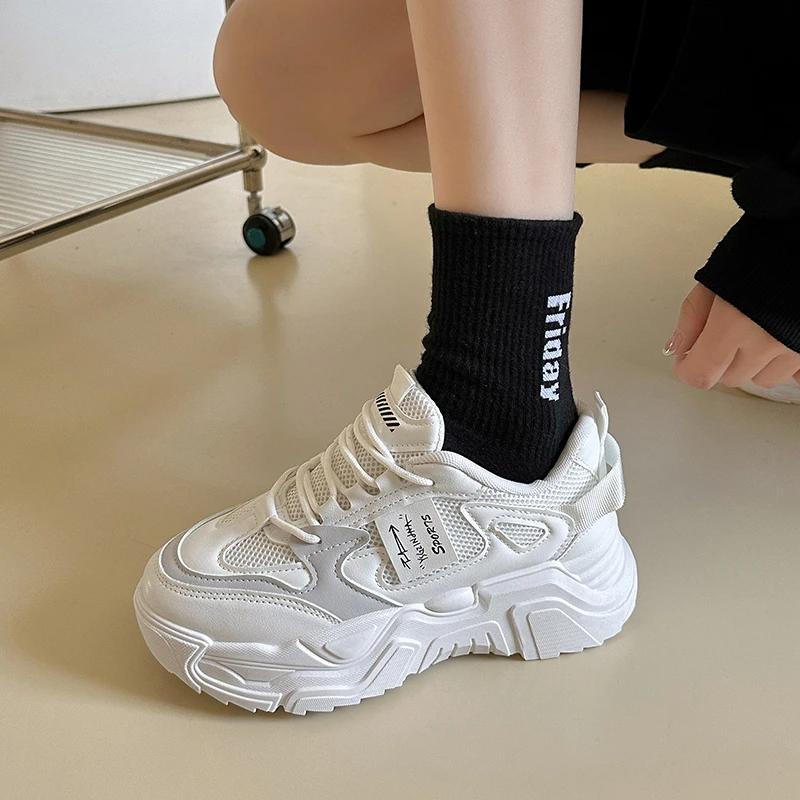 Fashion Ladies Shoes 2024 Brand Lace-up Women's Vulcanize Shoes Fashion Round Head Ladies Casual Shoes New Color Matching Mesh Sneakers