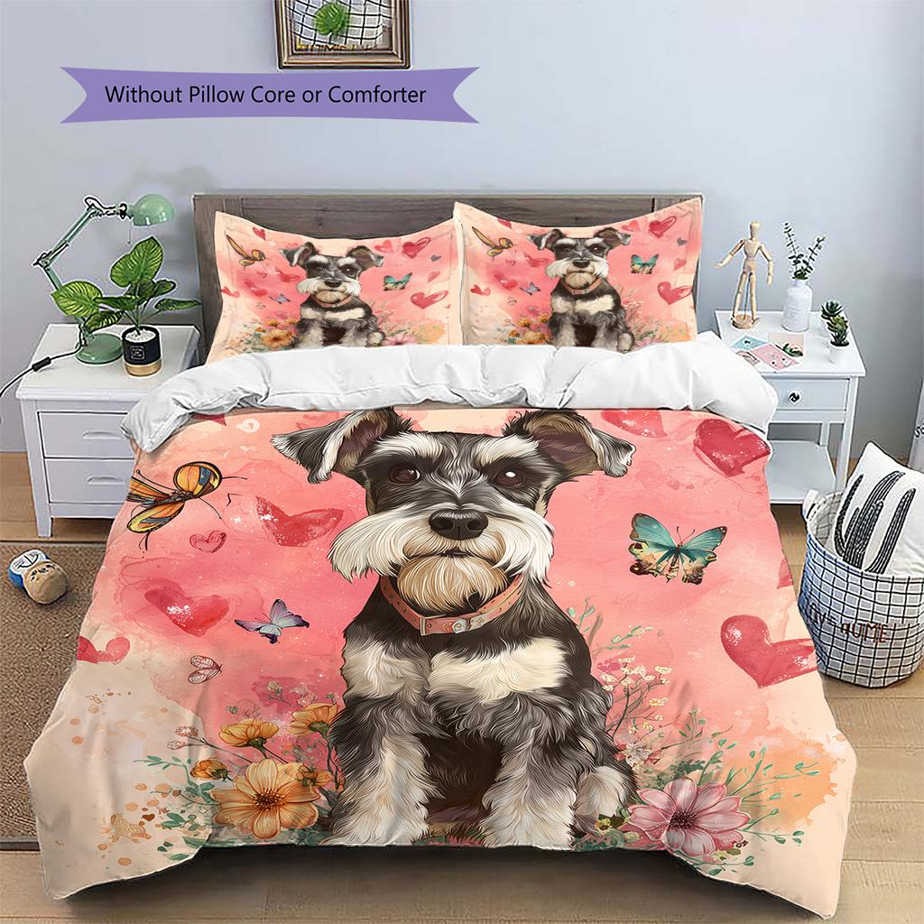 Pink Schnauzer Pattern Bedding Home Decoration Birthday Gift (1 * Duvet Cover + 2 * Pillowcase, Without Core)