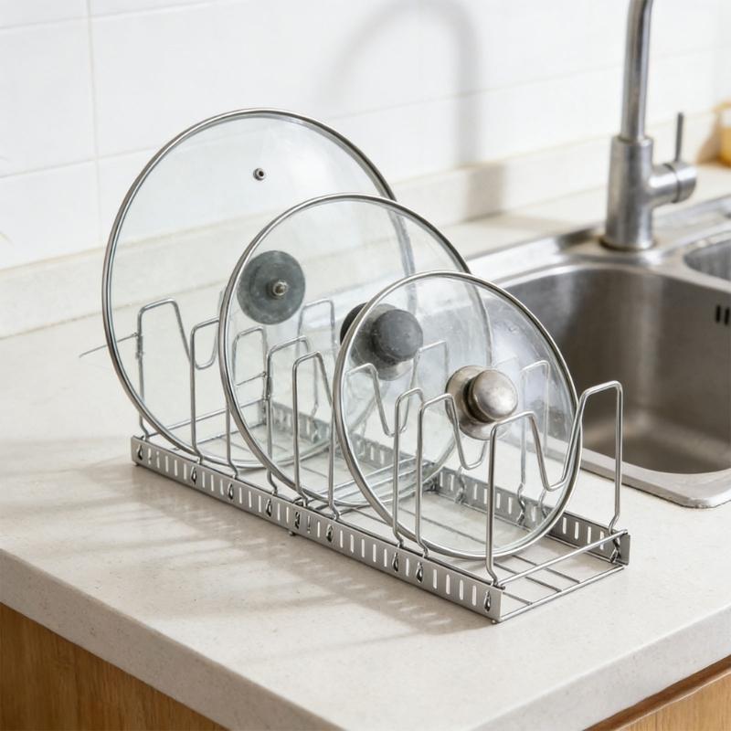 Steel Adjustable Pot Lid Rack Wall Mounted Organizers For Kitchen Storage Solution with Tool Easy Setups for Kitchen Use