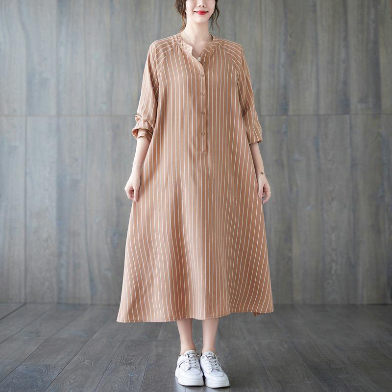 

Весна/Лето 2023 Женское Полосатое Повседневное Длинное Платье Большого Размера - Литературный Стиль, Свободный Крой, Эффект Похудения One Size хаки