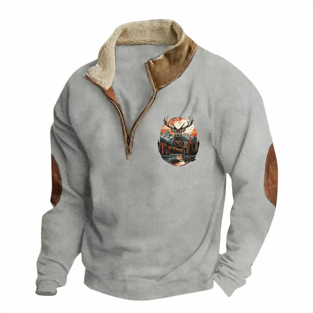 Podzim Zima Vintage Pánské Bundy 3D Elk Potištěný Kovboj Dlouhé Rukávy Fleece Bavlna Poloviční zip Pánské Kabáty Mikiny Mikiny