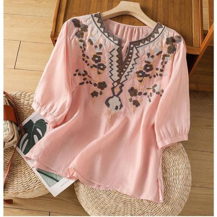 Women's Summer Vintage Heavy Embroidery Cotton-Linen Blend Shirt Casual Pullover Loose-Fit Literary-Style Top
