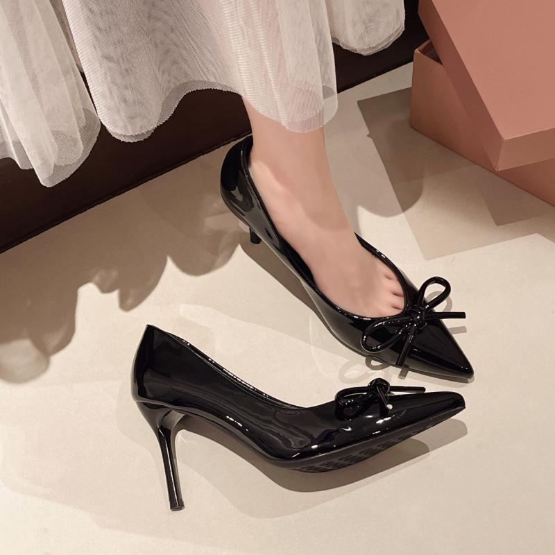 Fashion Sweet Bowknot Decoration Patent Leather Slip On Pumps Women 2025 Autumn Pointed Toe High Heel Pumps Fashion Party Dress Shoes