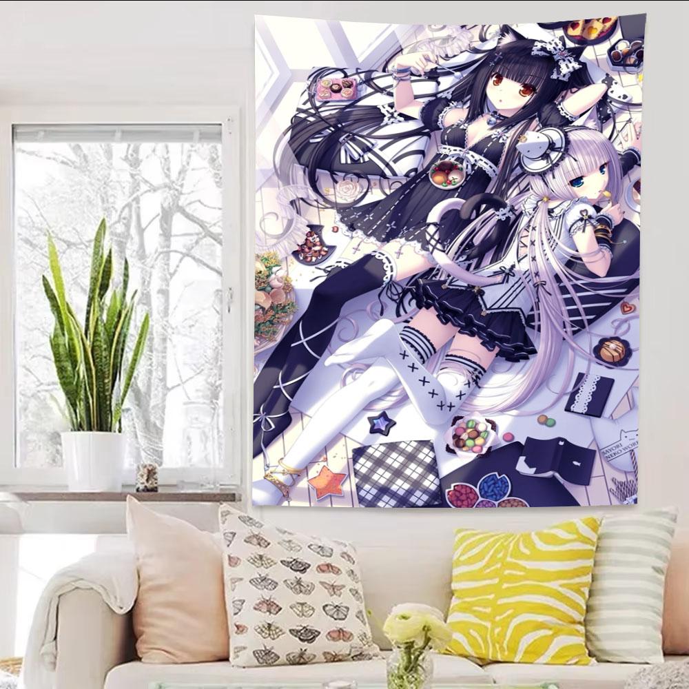 New Cute Anime Nekopara Jk Maid Girl Cartoon Tapestry Ins Style Aesthetic Wall Hanging For Girls Bedroom Decor