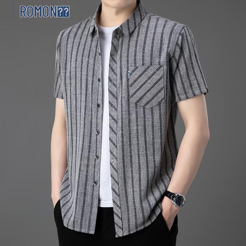 ROMON Men s Casual Striped Short-Sleeve Shirt 4XL