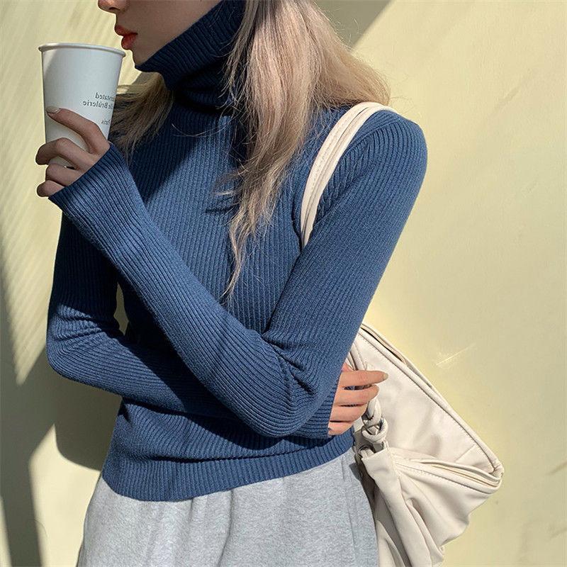 Strikket Genser Dame Koreansk Versjon Rullekrave Casual Genser Vinter Ensfarget Pullover Slim Innvendig Fôring Varm Basic Topper