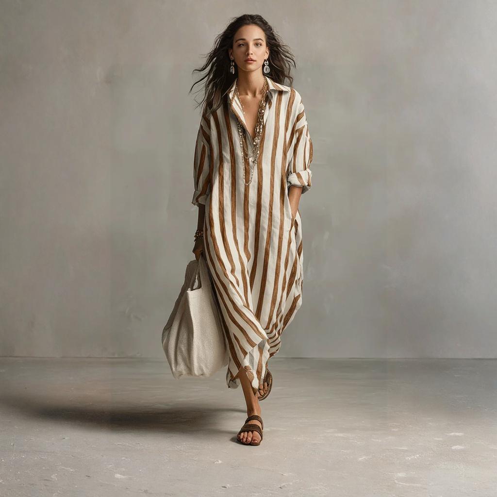 Women's Fashionable Loose V-neck Long Striped Three-quarter Sleeve Shirt Dress