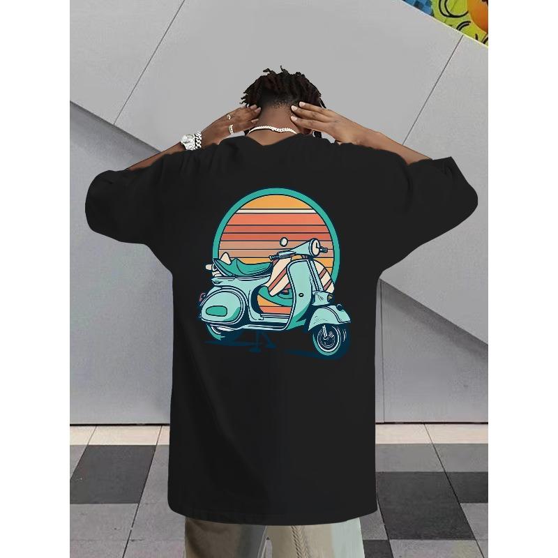 Taglie Europee T-Shirt da Uomo Grafica Retro Scooter - Maglietta Casual Estiva a Maniche Corte con Girocollo e Design Arancione & Blu Vivace, Leggera