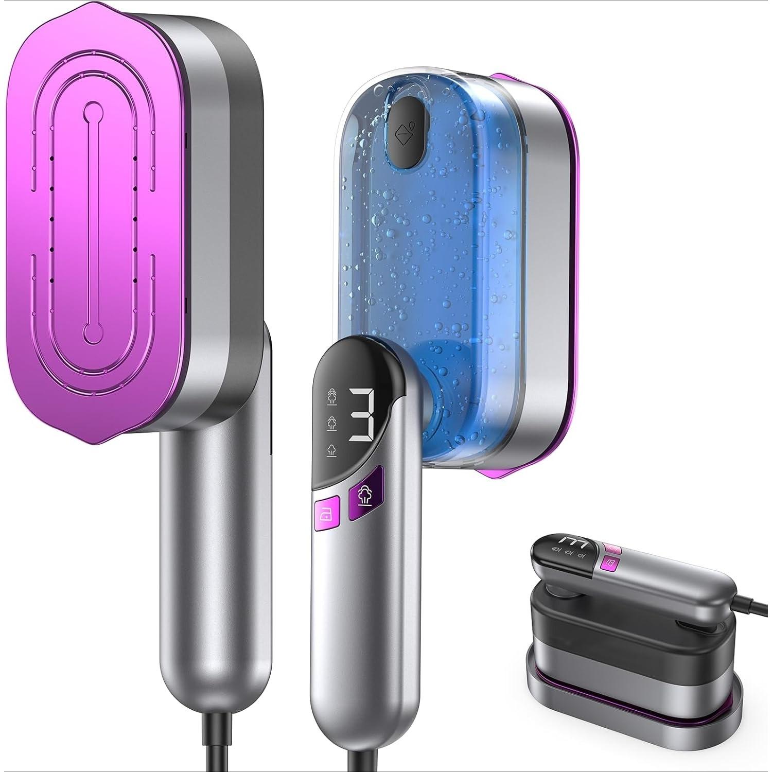 Ручной отпариватель и утюг 2-в-1 для одежды, 1000 Вт, дорожный отпариватель с керамической подошвой, быстрый нагрев за 9 секунд, герметичный резервуар 170 мл, самоочистка фиолетовый