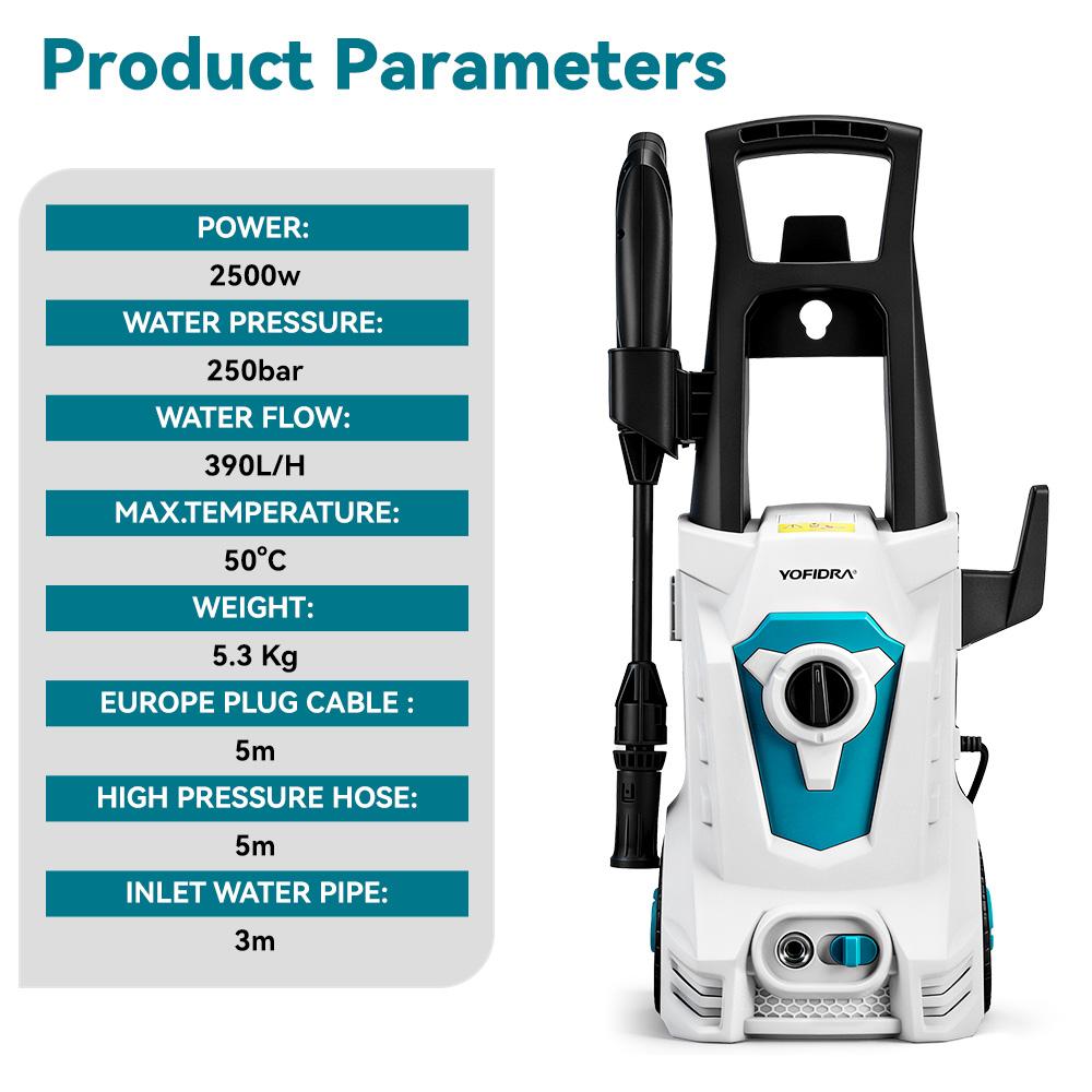 Yofidra Pistola Idropulitrice Elettrica ad Alta Pressione 250Bar 2500W Pulitore per Giardino e Industria Pistola a Spruzzo Lavatrice Acqua Ugello Regolabile 180°