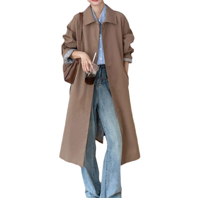 Dark Khaki Single-breasted Windbreaker Women's Mid-length Spring and Autumn New Temperament Loose Design Coat Jacket