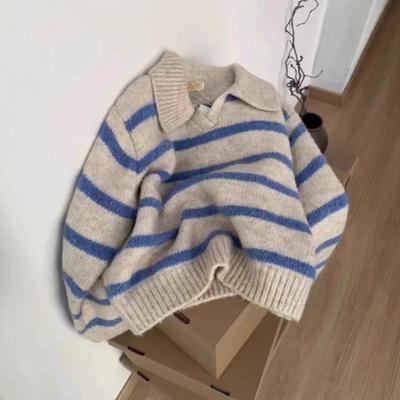 Nischen blau gestreifter Polo-Kragen langärmeliger Strickpullover Damen Herbst und Winter lässiger Pullover