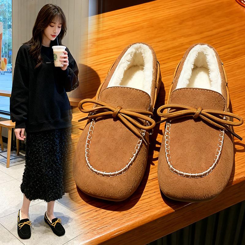 Bow-tie fluffy shoes for women's autumn and winter wear 2025 new plush one-pedal giant comfortable giant warm Doudou shoes