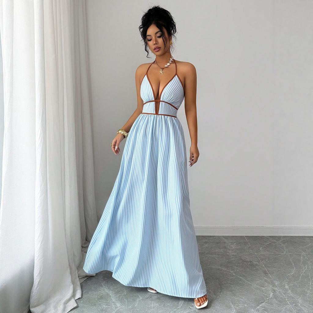 2025 New European and American Holiday Style Striped Neck Halter Dress Summer Slim and Thin Dress