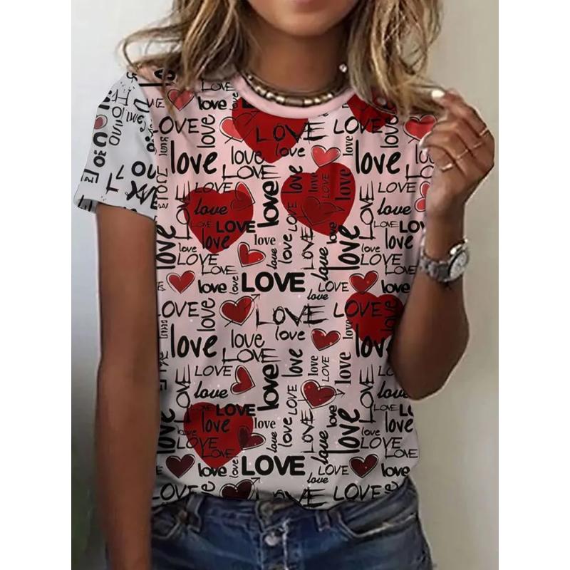 Love Short Sleeve Fashion Women's Crew Neck T-Shirt 3D Love Color Printing Crew Neck Short Sleeve