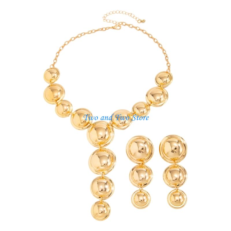HX6F Comfortable Geometric Necklace and Earrings Set Featuring Round Design Metal Texture Suitable for Extended Comfort