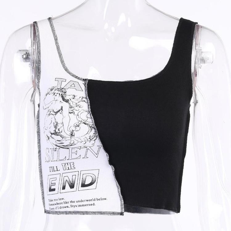 Punk Style Streetwear Women Crop Top Color Block Patchwork Graphic Print Sleeveless Tank Tops Aesthetic Letter S чёрный