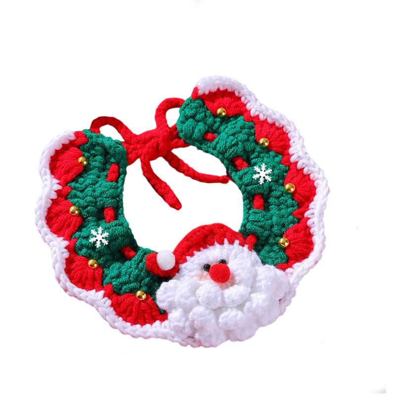 Adjustable Red Green Christmas Cat Collar Handmade Santa Claus Reindeer Knitted Drool Bib Scarf Pet Cat New Year Collars