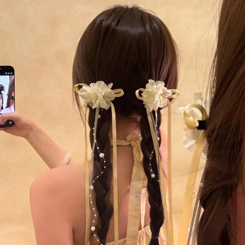 Spring New Chinese Headdress Floral Ribbon Ballet Style Bow Fringed Streamer Decorative Hairpin