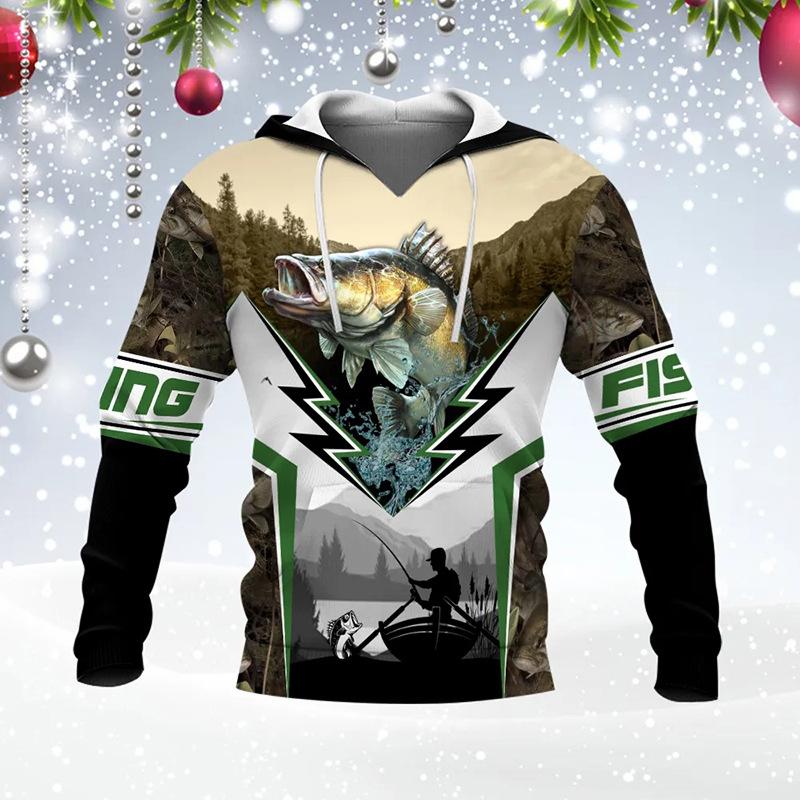 Spring and Autumn Men's Pullover Sweatshirt 3D Digital Fish Print Long Sleeve Hoodie Jacket