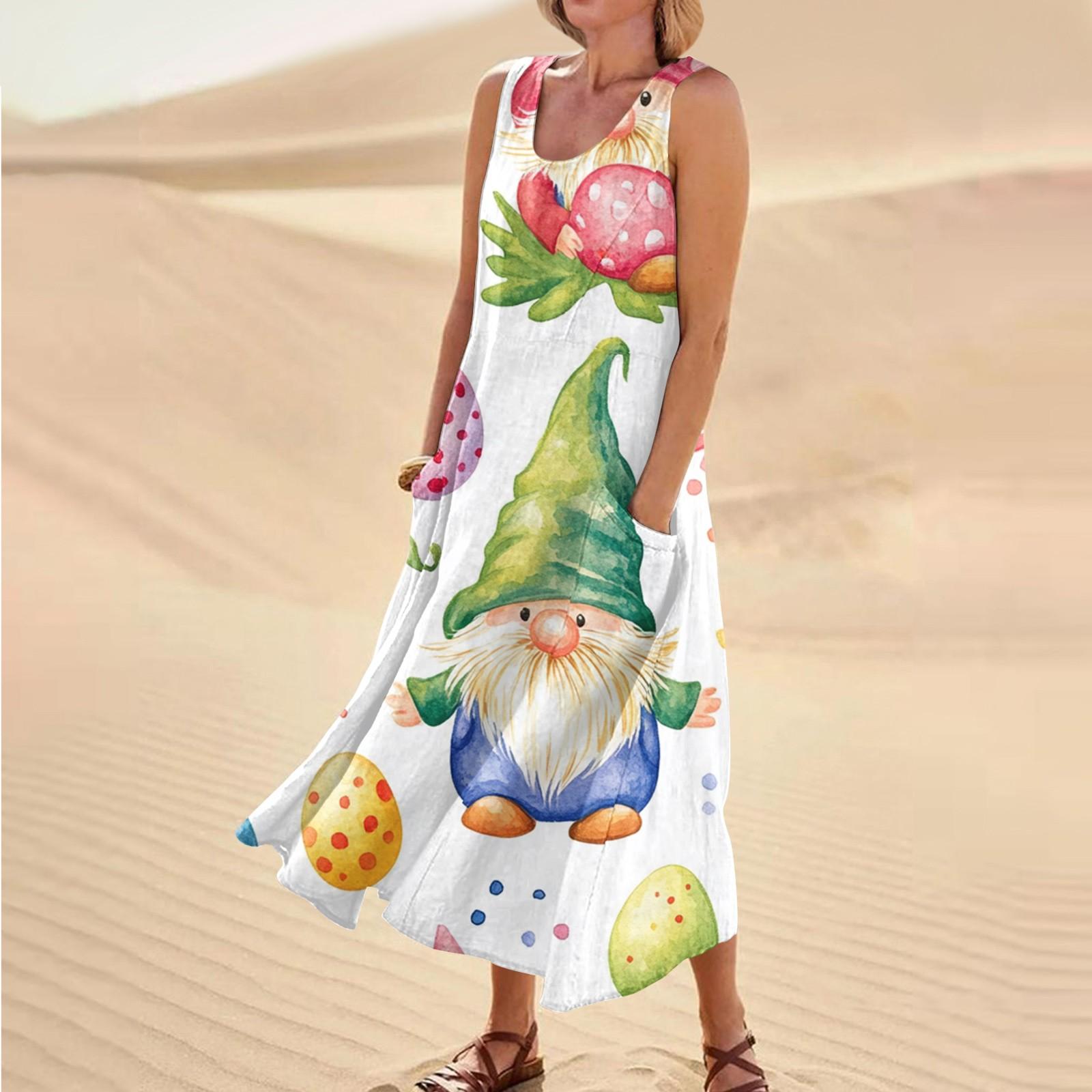 Women s Summer Casual Fashion Easter Printed Sleeveless Round Neck Pocket Dress L армия зеленый