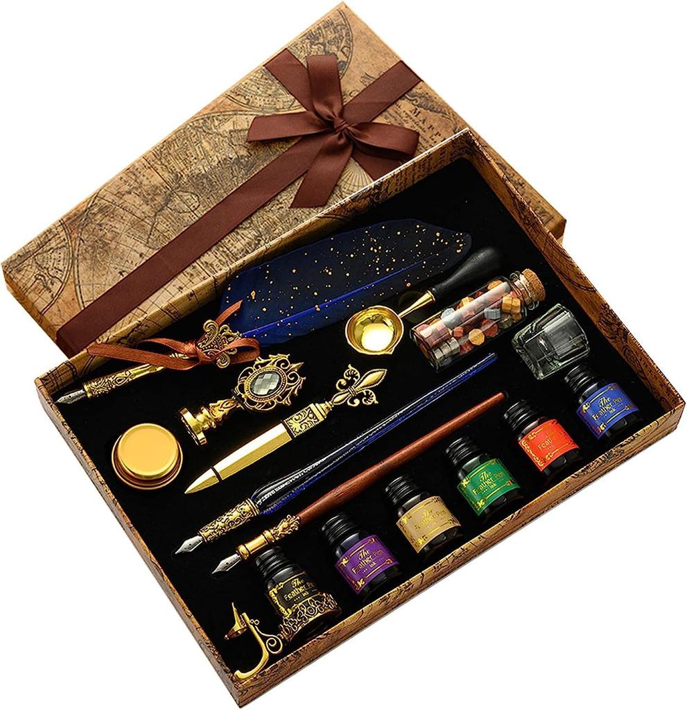 TOMMYFIELD Antique-Style Blue Feather Dip Pen Set with Stand and Nibs, Ink Not Included